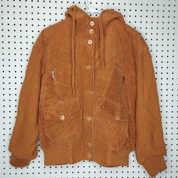 90s Primizia Jacket Corduroy Cable Knit Leather Button Zip Hooded Bomber Rustic - Picture 1 of 9